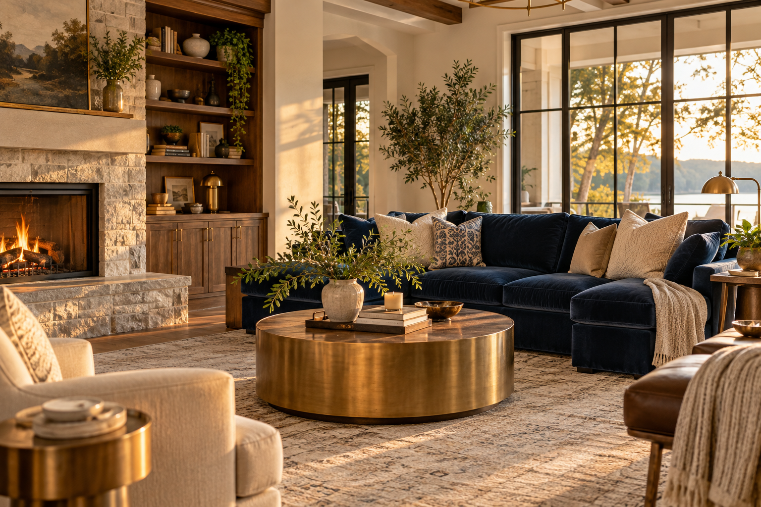 Warm luxury living room with a navy sofa, gold details and a sunlit fireplace